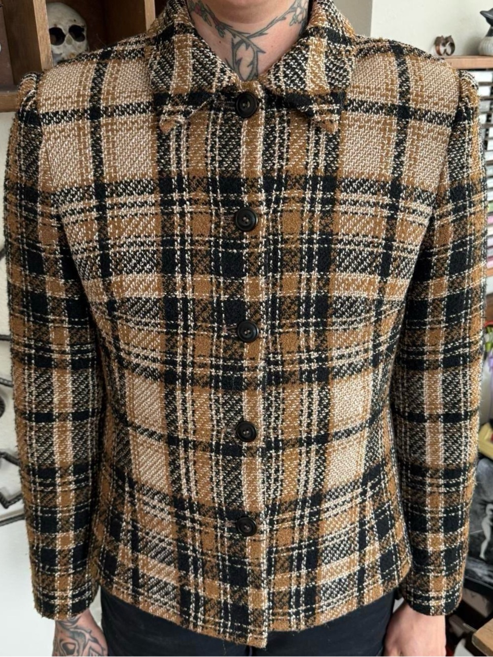 Vintage 90s Plaid Tweed Full Blazer Jacket Dark Academia ~ Size 4 / Small